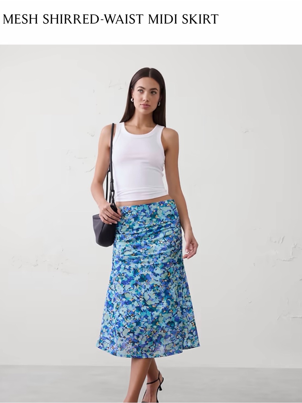 Banana Republic Factory Mesh Shirred-Waist Blue Floral Midi Skirt